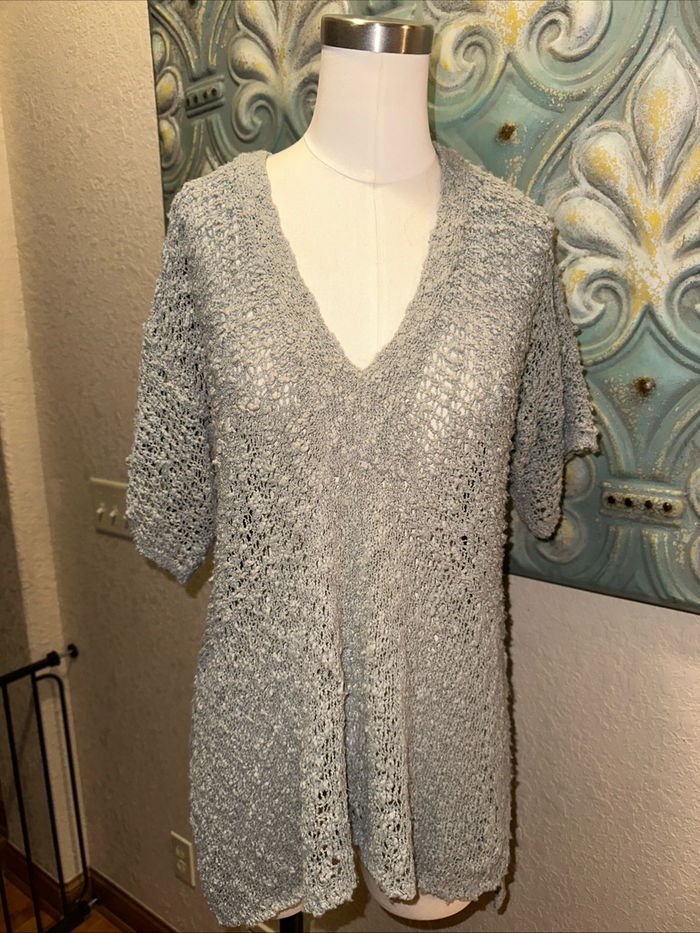 Windriver Light Gray Open-Knit V-Neck Sweater Tunic